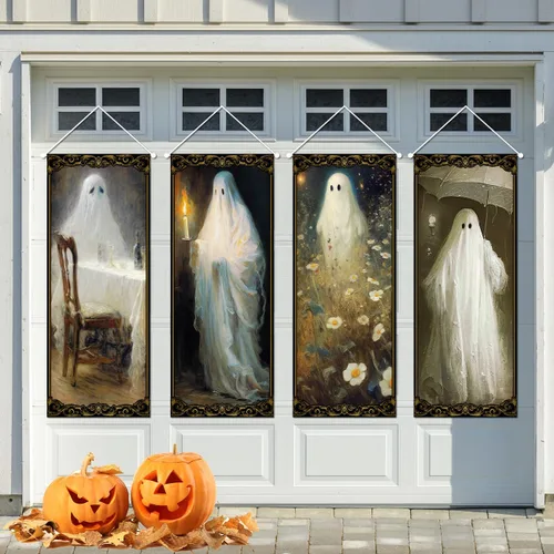 Decoraciones vintage de Halloween, 4 unidades, pancarta colgante de Halloween, fantasma, sosteniendo una vela, telón de fondo para interiores y