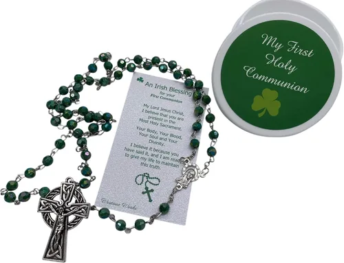 Miniatura 4 de Westmon Works Juego de rosario irlandés de la primera comunión, juego de oración de San Patricio con cuentas verdes de Irlanda, crucifijo celta