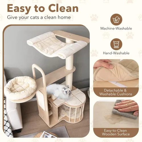 Miniatura 5 de Tangkula Árbol de madera para gatos de interior, centro de actividades de torre para gatos de varios niveles de 55 pulgadas con hamaca, condominio