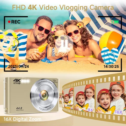 Miniatura 3 de Cámara digital, cámara digital FHD 4K 44MP con enfoque automático con tarjeta SD de 64GB, zoom digital 16X, cámaras doradas para fotografía, cámara