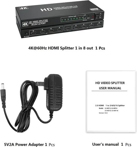Miniatura 9 de Divisor HDMI 4K @60Hz 1x8 1 en 8 salidas, 4: 4: 4, 18 Gbps, 8 puertos alimentados HDMI 2.0 Splitter compatible con escalador automático hacia abajo