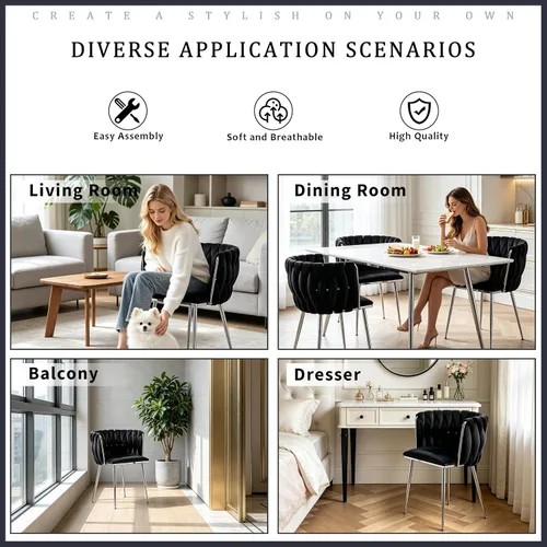 Miniatura 7 de Juego de 2 sillas de comedor de terciopelo, sillas laterales tapizadas tejidas con patas de metal negro, sillas decorativas modernas, sillas