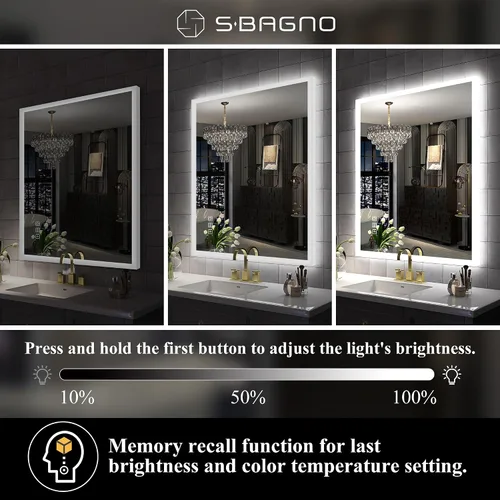 Miniatura 7 de SBAGNO - Espejo de baño LED con luces, 32 x 28 pulgadas, borde 3D, espejo de pared con Bluetooth, antivaho, atenuación continua, 3 colores, espejo