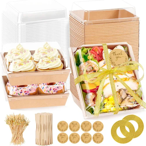 Paquete de 100 Cajas de Charcutería con Tapas Transparentes, 5.5 Pulgadas Mini Envases de Comida para Llevar+200 Palillos para Cóctel+100 Etiquetas,