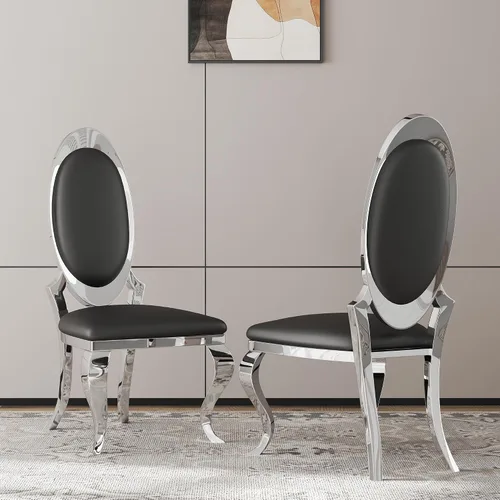 Miniatura 27 de Juego de 2 sillas con 2 sillas de comedor de piel sintética blanca, silla de cocina moderna con respaldo ovalado y patas de acero inoxidable