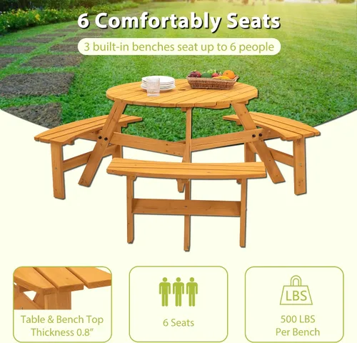 Miniatura 4 de Mesa de picnic redonda de madera para 6 personas, mesa de comedor al aire libre de 35 pulgadas con 3 bancos integrados, agujero para paraguas, mesa
