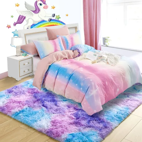 Miniatura 8 de Noahas - Alfombra suave y afelpada para habitación de niña y sala de estar, colorida, decoración para guardería, teñido anudado arcoíris, azul