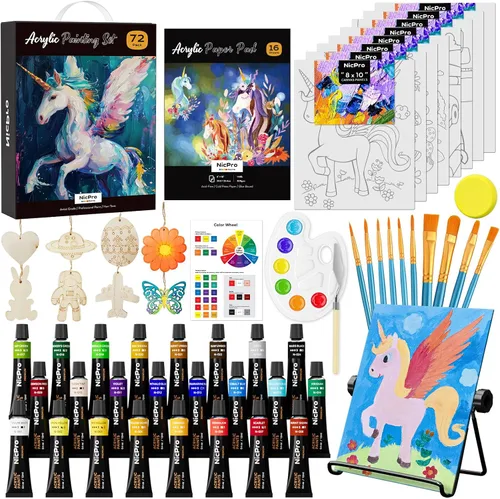 Miniatura 8 de Nicpro Juego de 34 piezas de pintura para niños con lienzo patrón, kit de suministros de pintura artística con 12 pinturas acrílicas, 10 pinceles, 6