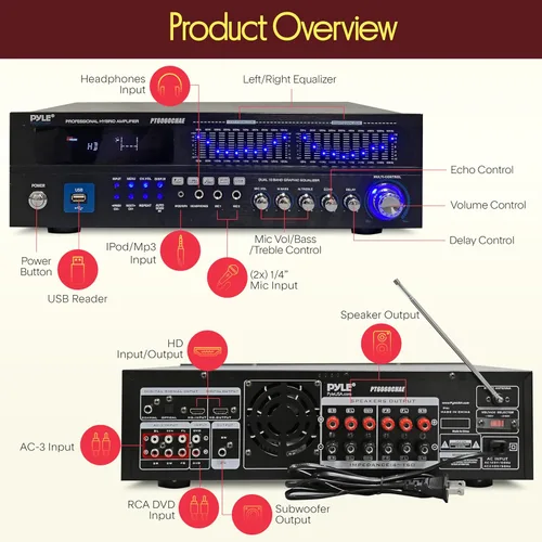 Miniatura 2 de Pyle - Amplificador híbrido Bluetooth para el hogar - Receptor de amplificador de potencia estéreo de montaje en rack de 6 canales, 2000 W