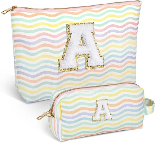Bolsa de viaje de maquillaje con monograma de 2 piezas para regalos de niñas adolescentes, bolsa de cosméticos para niñas, bolsa de aseo de viaje
