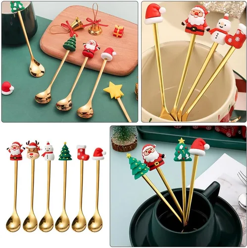 Miniatura 8 de Upkoch Juego de cucharas de Navidad, cucharas de café de Navidad, cucharadita de café de postre de acero inoxidable, vajilla de fiesta