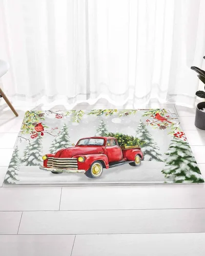 Miniatura 2 de Alfombra de baño esponjosa para camión rojo, cardenal de Navidad, antideslizante, alfombra suave para piso, árbol de Navidad, conos de pino, nieve