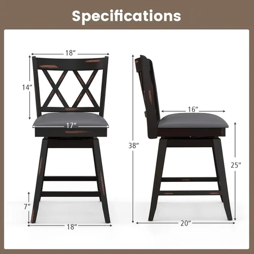 Miniatura 3 de COSTWAY Juego de 2 Taburetes de Bar para Isla de Cocina, Silla de Altura de Mostrador de 25 Pulgadas con Respaldo Ergonómico, Reposapiés, Superficie