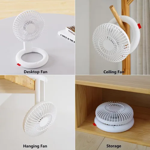 Miniatura 2 de Ventilador de escritorio plegable, ventilador de techo recargable USB con base de anillo, mini ventilador portátil silencioso de mesa