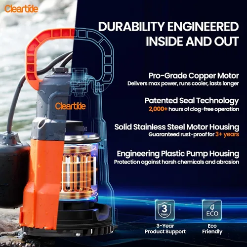 Miniatura 3 de Cleartide Bomba de sumidero sumergible con interruptor de flotador atado, bomba de agua utilitaria de 1/4 HP, motor 100% cobre, bomba de drenaje