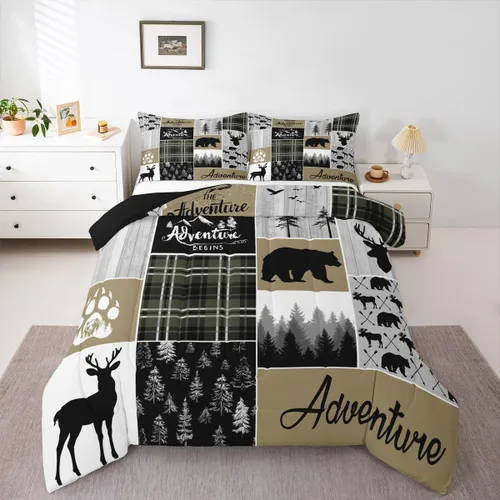 Miniatura 158 de Juego de edredón de oso y ciervo, tamaño individual, ropa de cama de animales salvajes de caza, colcha rústica de cabaña, casa de campo, cuadros
