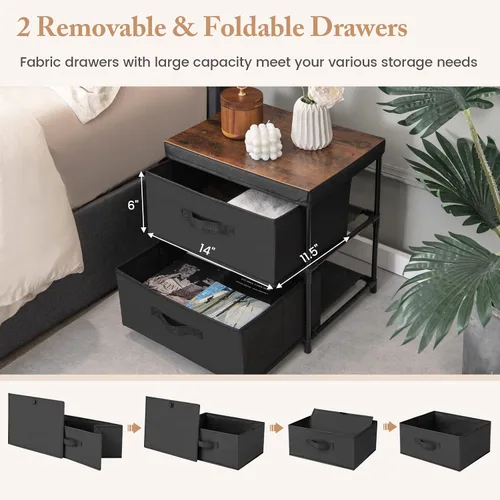 Miniatura 4 de GOFLAME Cómoda de tela con 2 cajones, mesita de noche para dormitorio, mesita de noche con contenedores y asas de tela extraíbles, mesa auxiliar