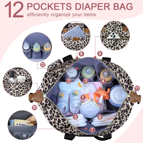 Miniatura 4 de Pritent Bolsa de pañales – Bolsas para pañales con funda para chupete, correas de hombro, clips para cochecito, bolsa grande impermeable para mamá