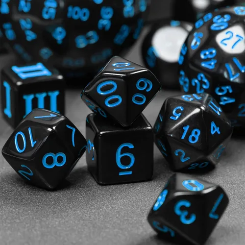 Miniatura 7 de Juego completo de 15 dados poliédricos DND D3-D100 con bolsa de dados de ojo de dragón, dados D100 para juegos de mesa RPG (negro con números azules)