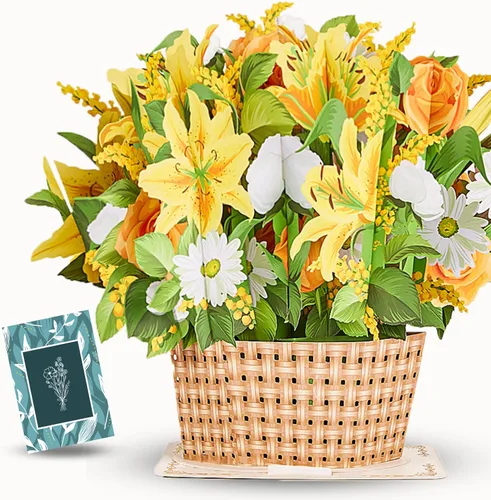 Tarjeta grande de papel para cesta de flores, tarjetas desplegables, 9 pulgadas con tarjeta de notas y sobre - Sunshine in Basket