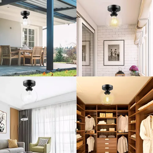 Miniatura 9 de Glass Semi Flush Mount Ceiling Light, Industrial Porch Light Fixtures, Matte Black Base with 6“ Clear Glass Shade, Bright Close to Ceiling Light for