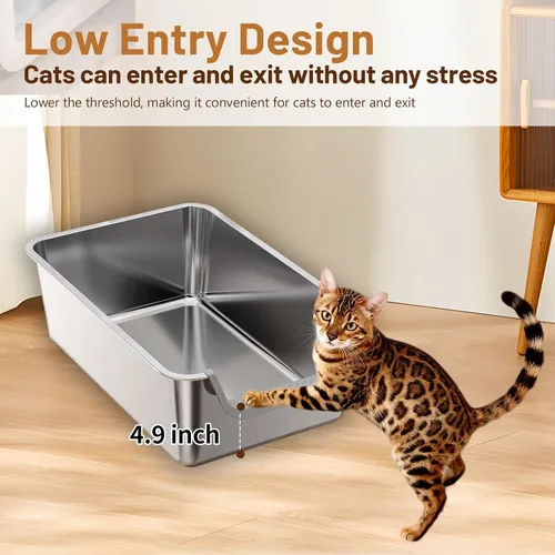 Miniatura 3 de Caja de arena XL de acero inoxidable para gatos, a prueba de fugas, bandeja de arena de metal de 7.9 pulgadas de alto, no se pega, antideslizante