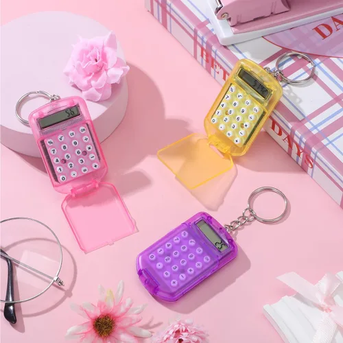Miniatura 8 de NUOBESTY Mini calculadora de 3 piezas, calculadora de bolsillo pequeña con llavero, herramienta electrónica portátil de 4 funciones para escuela