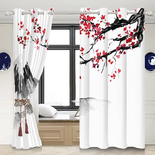Miniatura 19 de Cortinas japonesas con pintura de tinta, monte Fuji, sol rojo, puesta de sol, hojas de bambú, cortinas de ventana para dormitorio, sala de estar