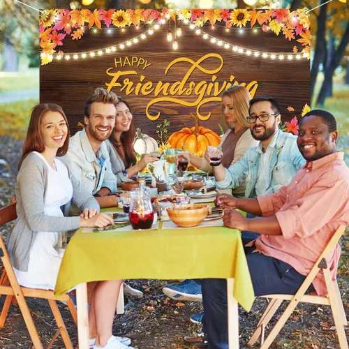 Miniatura 4 de Nepnuser Telón de fondo para cabina de fotos de Happy Friendsgiving de cosecha de otoño, decoración de fiesta de amigos, hojas de arce, girasol