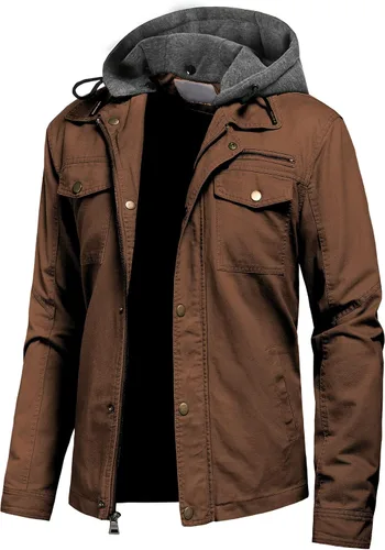 Miniatura 23 de Pursky Chaqueta de lona de algodón militar casual para hombre con capucha desmontable