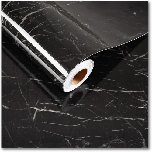 CRE8TIVE Papel de contacto de mármol negro para encimeras, papel tapiz de mármol brillante impermeable para encimeras, autoadhesivo, rollo de vinilo