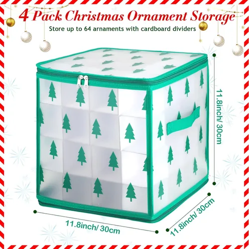 Miniatura 2 de Saintrygo 4 cajas de almacenamiento de adornos navideños con 64 compartimentos con cremallera, caja de plástico de vinilo para adornos con asas, 12