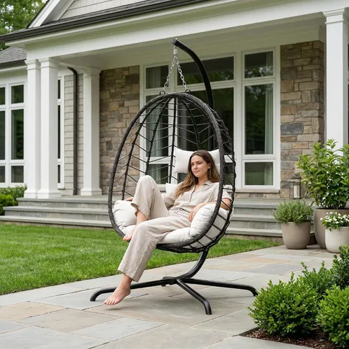 Miniatura 9 de LEX CRAFT Silla colgante de huevo con soporte, silla de huevo oscilante para exteriores e interiores, silla colgante con cojín, silla hamaca