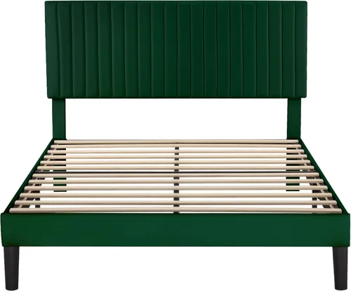 Miniatura 9 de Allewie - Base de cama tamaño Queen con cabecera acolchada tapizada en terciopelo y diseño acanalado vertical ajustable; plataforma de cama con base