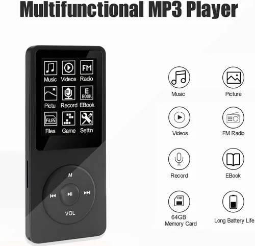 Miniatura 5 de Reproductor de MP3 de 64 GB con altavoz, auriculares, reproductor de música portátil para niños, soporte para grabación de voz, imagen, video, libro