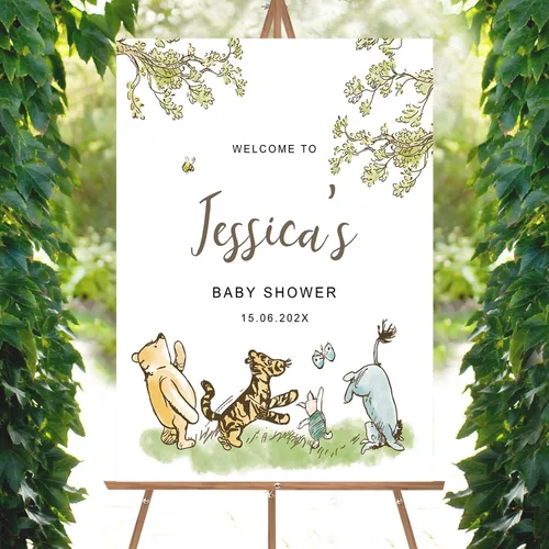 Miniatura 26 de Letrero personalizado para baby shower de oso Pooh, diseño clásico de vegetación personalizada, letrero de bienvenida para patio de baby shower