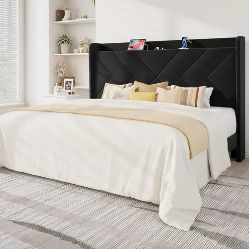 Miniatura 12 de Allewie Base de cama de plataforma de tamaño matrimonial con estación de carga y estante de almacenamiento, cabecera tapizada de terciopelo con Negro
