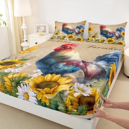 Bonita sábana bajera ajustable para niños, tamaño individual, juego de ropa de cama rústica de pollo, decoración de dormitorio para niños y adultos,