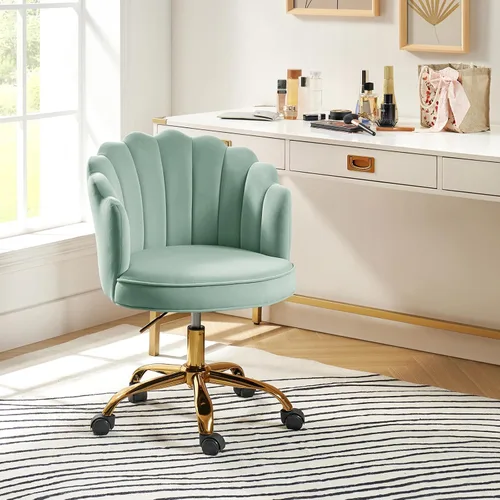 Miniatura 7 de HULALA HOME Silla de oficina en casa de terciopelo con base dorada, silla de escritorio tapizada moderna y linda de concha para mujer para tocador