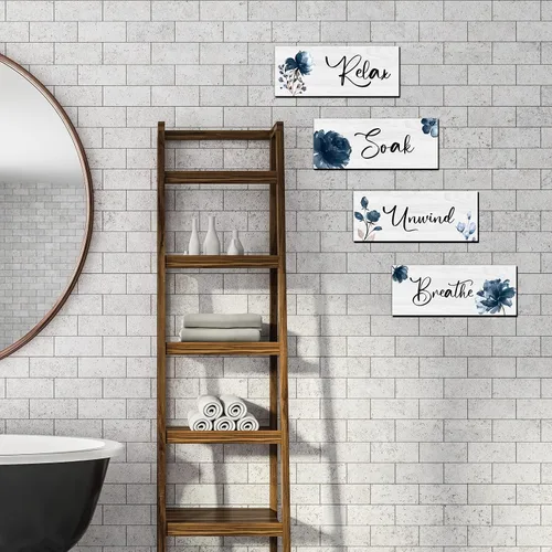 Miniatura 5 de 4 piezas de placa de pared grande para baño, decoración de pared de madera para baño, lavandería, baño, letrero colgante para el hogar, spa, Azul