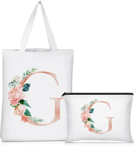 Miniatura 8 de Sanwuta 2 bolsas de lona con inicial, diseño floral con letras florales, bolsas de cosméticos de viaje, bolsas con monograma para mujer, mujer