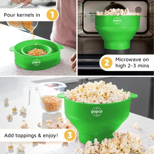 Miniatura 5 de POPCO - Palomitas de maíz de silicona para microondas - Palomitas de maíz plegables - Tazón de palomitas de maíz con asas y tapa - Apto para Verde
