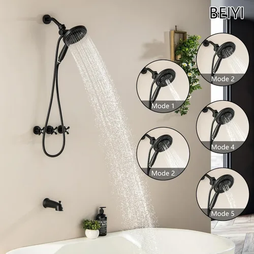 Miniatura 2 de Juego de 3 manijas para bañera y ducha, color negro mate, 2 en 1, doble ducha, grifos de ducha, kit de molduras de bañera y ducha, sistema de ducha