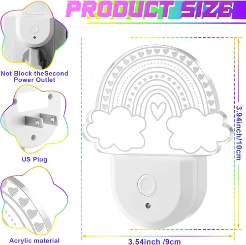 Miniatura 2 de Rossesay 2 luces nocturnas arcoíris para niños, enchufables a la pared, 8 colores cambiantes, luz nocturna arcoíris con sensor de atardecer a