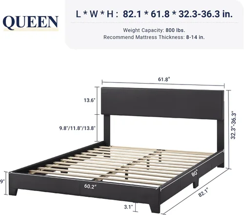 Miniatura 2 de Allewie Base de cama Queen con cabecera ajustable, plataforma de piel sintética con listones de madera, base de colchón resistente, no necesita
