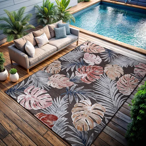 Miniatura 11 de CAMILSON Alfombra para Interiores y Exteriores, Alfombras de Área Azules 5x7 con Hojas Tropicales Botánicas para Patios Interiores y Exteriores