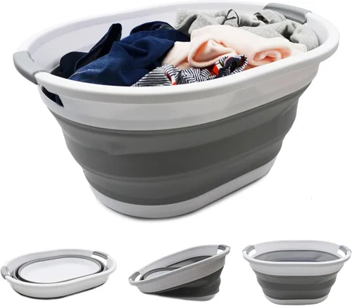 Miniatura 12 de SAMMART Cesta de plástico plegable de 32 L (8.4 galones) - Contenedor/organizador de almacenamiento plegable - Tina de lavado portátil - gris/azul