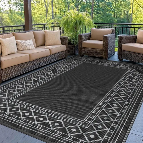 Miniatura 22 de GENIMO Alfombra de Exterior 5'x8' Impermeable para Patio, Alfombra de Paja de Plástico Reversible para Exteriores, Alfombras de Camping para Negro