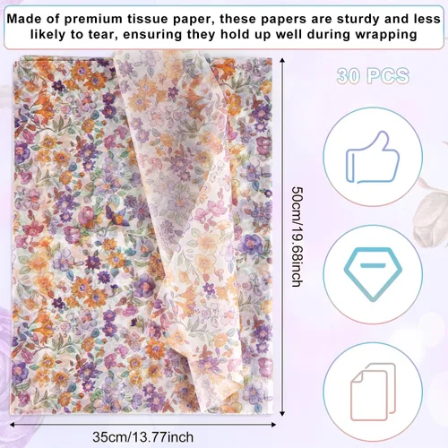 Miniatura 2 de 30 piezas de papel de regalo estampado de flores, 13.77 x 19.68 pulgadas, papel de seda floral morado, paquete de regalo, papel de seda
