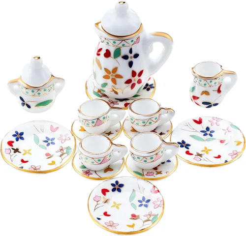 Sumind Juego de tazas de té de porcelana en miniatura, 15 piezas, juego de porcelana en miniatura, diseño de flores, tetera, tazas, platos,
